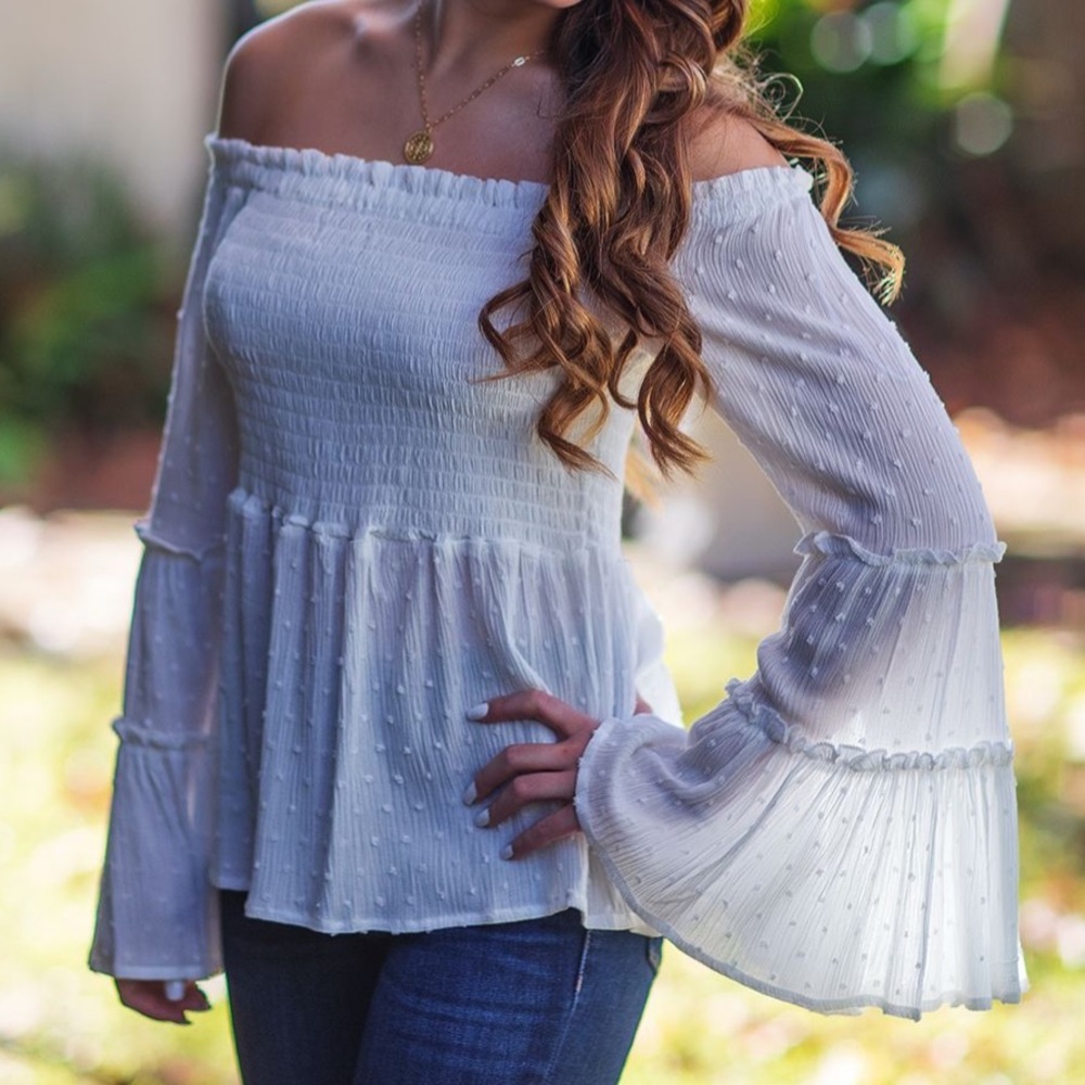 Off the Shoulder White top  with bell bottom sleeves